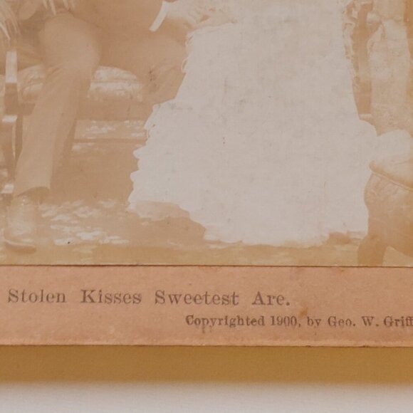 ANTIQUE Stereograph Card "Stolen Kisses Sweetest Are" 1900 Victorian Scene - Picture 3 of 5